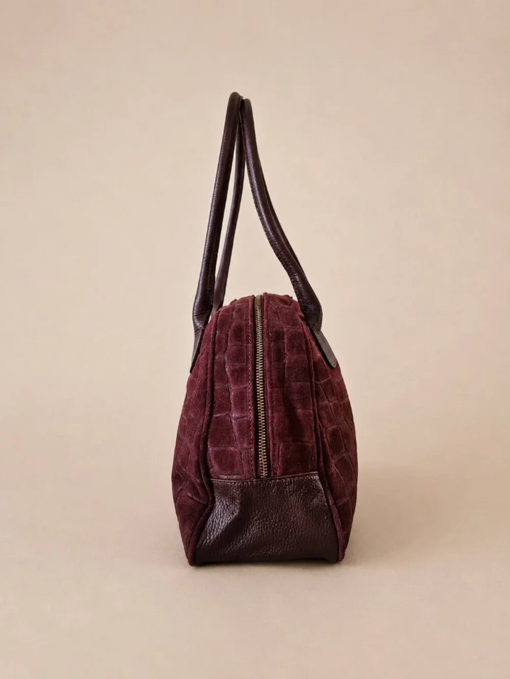 Burgundy Italian Leather & Croc-Embossed Suede Shoulder Bag – Large Dome Handbag